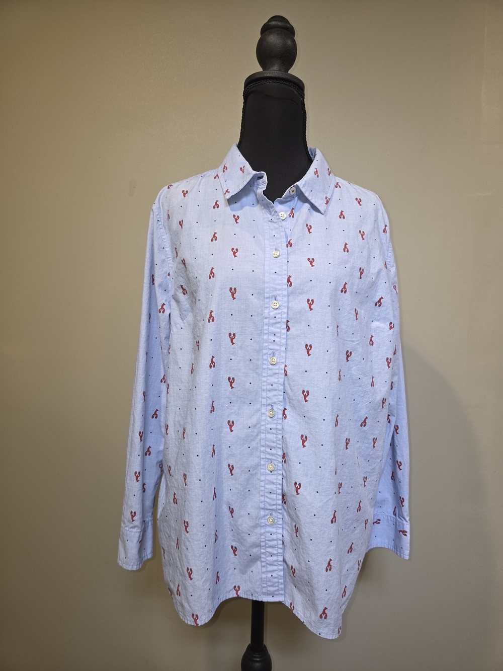 Talbots Light Blue Button-Down Shirt with Red Lobster Motif